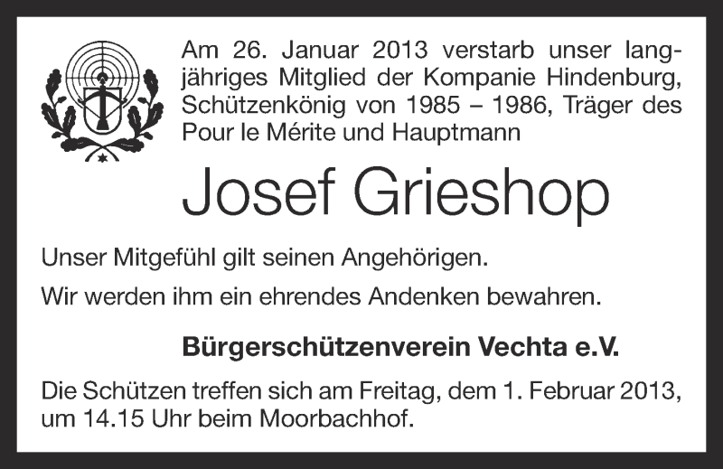  Traueranzeige für Josef Grieshop vom 31.01.2013 aus OM-Medien